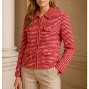 Talbots Collared Zip Cardigan Sweater Petite LP Pink Tweed Old Money Preppy
